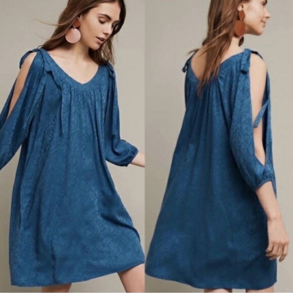 Anthropologie Sapphire Blue on Blue Floral Cold Shoulder Swing Dress Size L